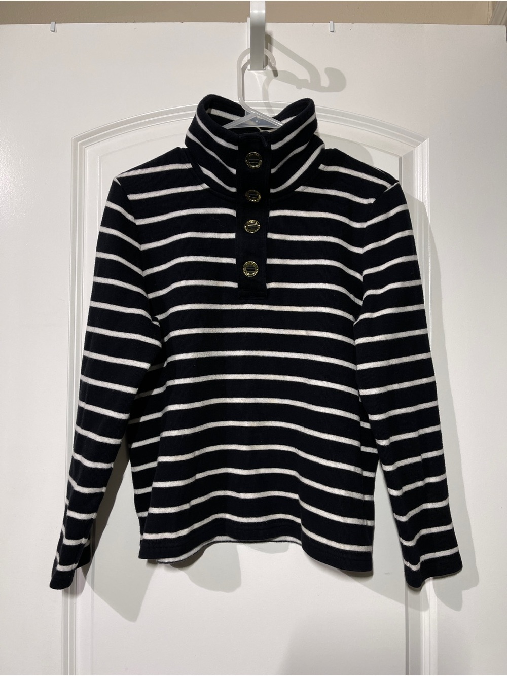 Lauren Ralph Lauren Black and White Striped Button Cowl Sweater